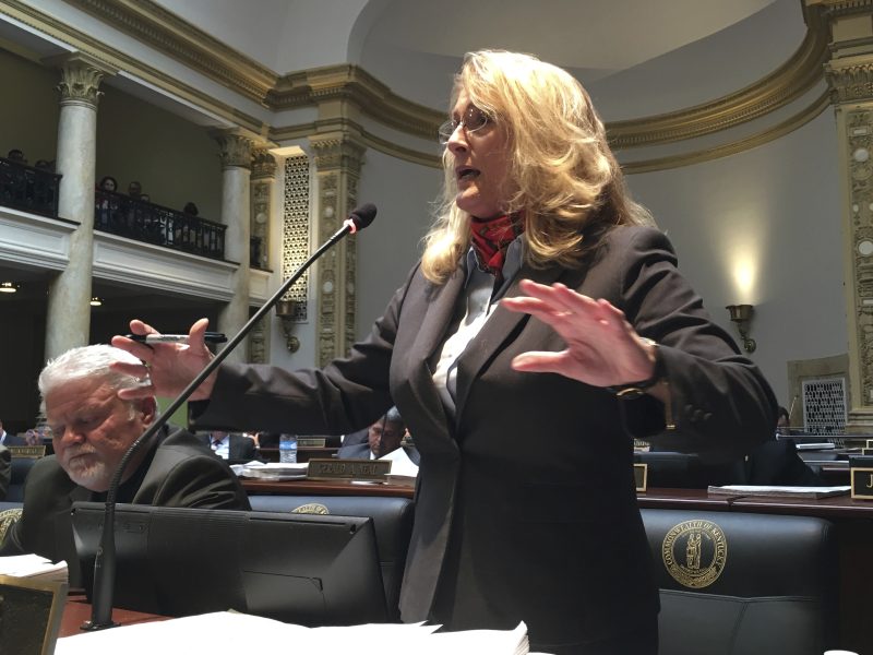 FILE - Democratic state Sen. Robin Webb speaks against a Republican tax proposal on Monday